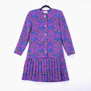 Vintage Leslie Fay 80er Retro lila geometrisches Plissee Knopf kurzes Kleid Größe 6 - Bild 1 von 18