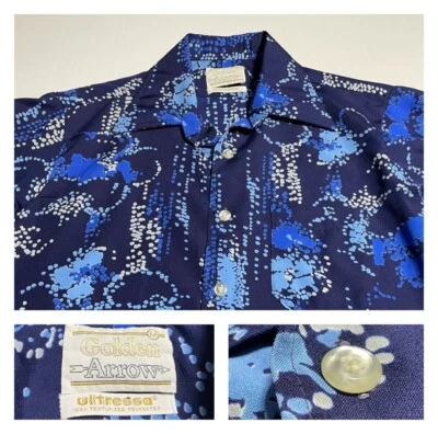 Golden Arrow VTG 1970s Disco Polyester Shirt Abstract Bold Blue Slim Snug M - Image 1 of 4
