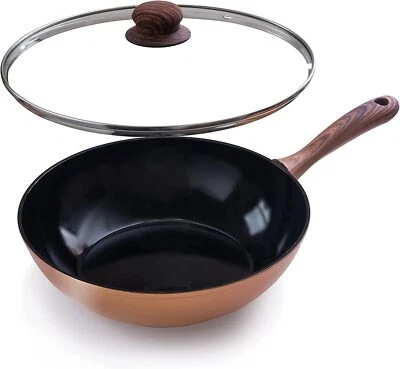 Non Stick Induction Wok Frying Pan  Deep Stir Fry Pan with Glass Lid By Nuovva - Image 1 of 4