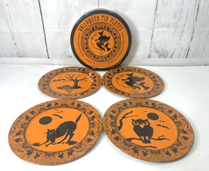 2004 VTG RESTORATION HARDWARE SET OF 4 HALLOWEEN 10" TIN PLATES W/ STORAGE TIN - Picture 1 of 12