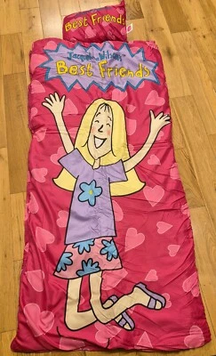 SLEEPING BAG BEST FRIENDS VINTAGE CARTOON GIRL PINK PURPLE HEART FLOWER J WILSON - Image 1 of 3