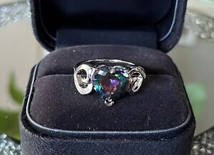 BEAUTIFUL SPARKLY SIZE N RAINBOW HEART DETAILED RHINESTONE RING SILVER TONE