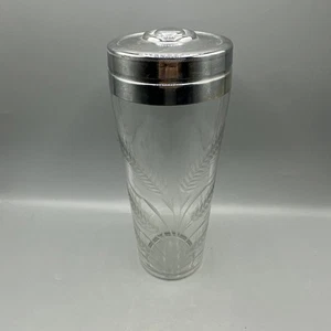 Vintage Cocktail Shaker Etched Wheat Design Chrome Lid Mid Century Barware 9.5" - Picture 1 of 10