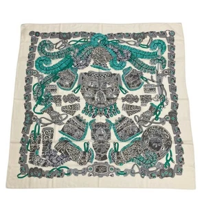 HERMES Cashmere Silk Shawl Scarf 140cm SOUS LEGIDE DE MARS White Green w/Box 748 - Picture 1 of 6