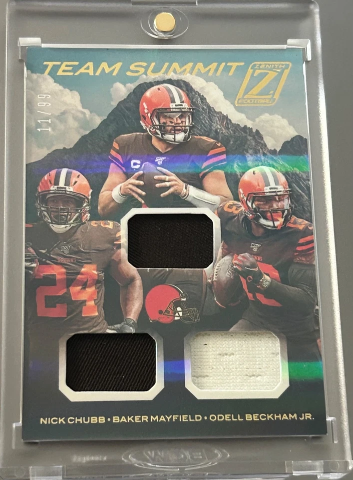 BAKER MAYFIELD NICK CHUBB ODELL BECKHAM 2020 ZENITH TEAM SUMMIT TRIPLE PATCH /99 - Image 1 of 1