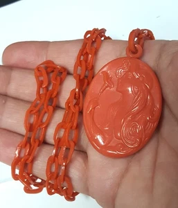 Antiguo Collar Camafeo Celuloide 28" Cadena Coral Plástico Art Deco Dama con Flor - Imagen 1 de 17