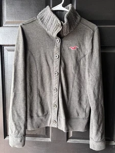 Hollister graue Knopfleiste Jacke Cardigan Pullover Rippkragen French Terry Fleece - Bild 1 von 10