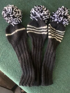 Custom Hand Knit Merino Wool Wood Set HeadCover, Black w/Pom Pom - SWEET! - Picture 1 of 14