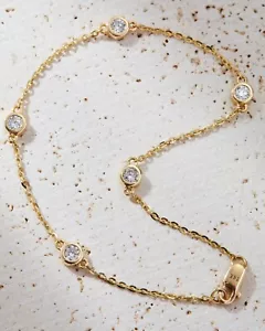 14k Gold Bezel Set Lab Grown Diamond Station Chain Bracelet - Picture 1 of 5