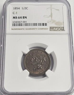 1854 1/2 HALF CENT NGC MS64 BN - Image 1 of 4