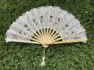 Ivory Lace Fan With Floral Design for Wedding Ceremony, Beige Wedding Favor - Picture 1 of 10
