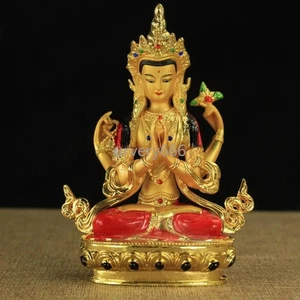 Statua Avalokitesvara 14 cm piccole statue tibetane dorate decorazione bodhisattva - Foto 1 di 5
