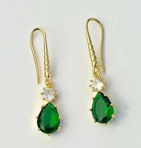 Pendientes de lujo enchapados en oro amarillo de 14 k con corte pera de 3,00 quilates de esmeralda verde creados en laboratorio - Imagen 1 de 8