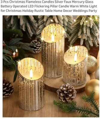 Светодиодные беспламенные серебряные свечи комплект 3 с пультом дистанционного управления электронное мерцание - Изображение 1 из 4