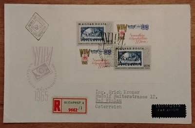 1965 Hungary WIPA miniature sheet FDC registered air mail to Austria Mi Block 47 - Image 1 of 2