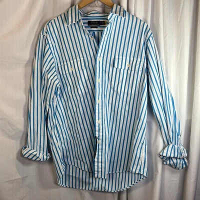 Camisa polo feminina Ralph Lauren listrada turquesa/branca com botões nova com etiquetas grande - Imagem 1 de 4