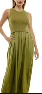 NWT Green Satin Midi Size S DRESS Mix Media Crew Neck Skirt Side Pocket B1 - Picture 1 of 8