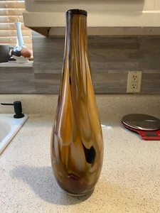 Brown Swirl Multicolored Handblown Art Glass Flower Vase Large High Gloss Heavy - Picture 1 of 11