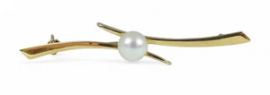 Vintage Solid 9ct Yellow Gold 6.5mm Cultured Pearl Bypass 54mm Bar Brooch Pin - Picture 1 of 7