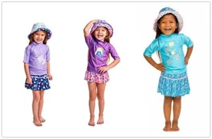 NWT*UV Skinz Girls 3PC Swim Set UPF 50+ Graphic Tee /Skirt/ Reversible Hat - Picture 1 of 22