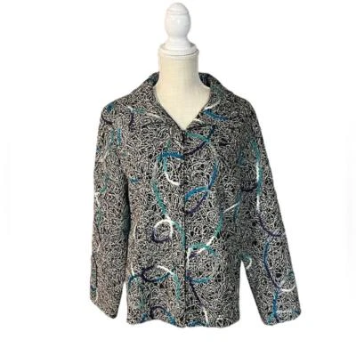 Laura Ashley Full Zip Up Jacket Blazer Womens Size L Pattern Black Blue - Image 1 of 4