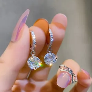 Women 925 Silver Round Cubic Zirconia Drop Dangle Earrings Hoop Wedding Jewelry - Zdjęcie 1 z 7
