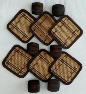 Set of 6 COASTERS & NAPKIN RNGS Wood and Woven Reed EUC - Picture 1 of 4