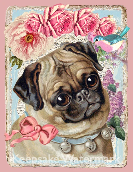 Pug Dog & Pink Roses Collage Art Repro Fabric Crazy Quilt Block Free Shipping - Image 1 of 1