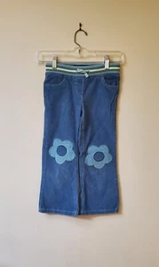 Mini Boden Girls Boot Flare Cut Blue Corduroy Pants Flower Patch Knees Size 6Y - Picture 1 of 9