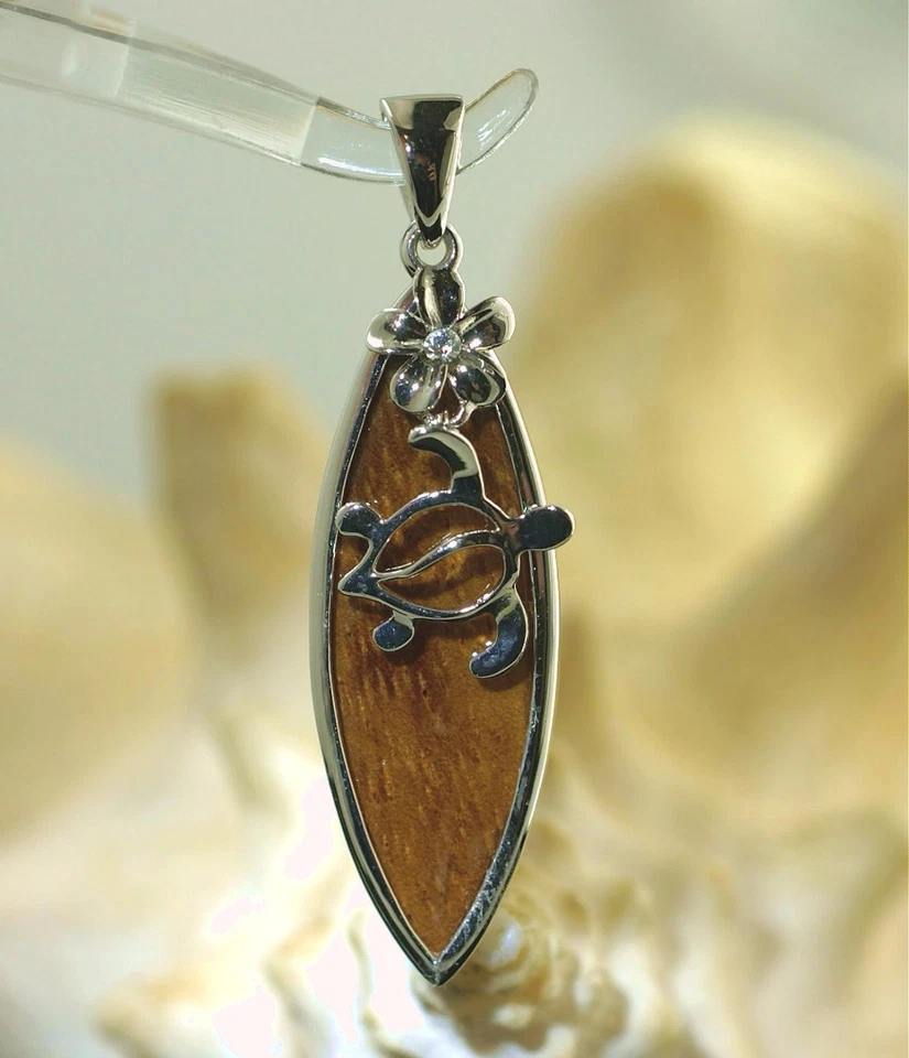 Rodio hawaiano sobre latón genuino koa madera tortuga plumeria tabla de surf circonita colgante Foto 1 de 1