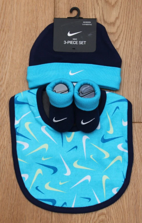 Nike Baby Infant 3 Piece Hat Bib & Booties Set Blue White & Lime Green 0-6M