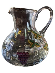 Romanian Ribbed Hand Painted Crystal Pitcher with Hand Painted Grapes & Leaves - Picture 1 of 12