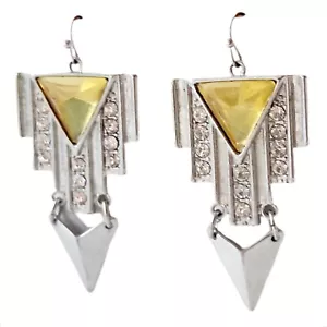 Runway Dangle Drop Yellow Crystal Silver Tone Earrings 1980's - Picture 1 of 5