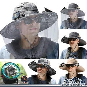 Solar Fan Hat Outdoor Fishing Sun Bucket with Dual & USB Powered With Head Net - Picture 1 of 17