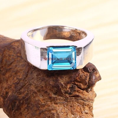 Natürlich Blau Topas Edelstein Mit 18k Weiß Vergoldet Silber Herren Ring #1894 - Bild 1 von 4