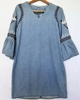 Denim & Co Mini Dress Embroidered Flutter Sleeves Sz 6 Women’s BOHO - Image 1 of 3