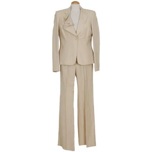ANNE KLEIN Buff Tan Linen Blend Ruffle Accent Collar Pant Suit 12 - Picture 1 of 4
