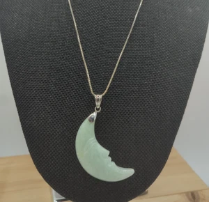 Sterling Silver 925 Crescent Moon Jade Necklace Pendant Italy Celestial - Picture 1 of 9