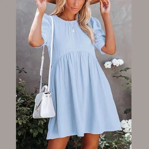NWT &Merci Babydoll Dress L Light Blue Puff Sleeve Boho Lined Girlcore - Picture 1 of 12