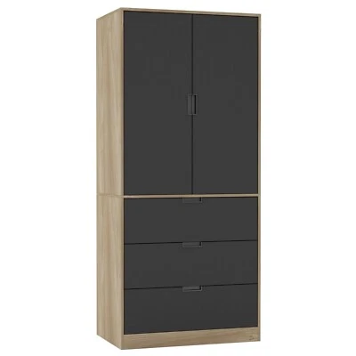 3 Drawers 2 Doors Wardrobe Clothes Storage Cupboard Unit with Hanging Rail Oak - Image 1 of 4