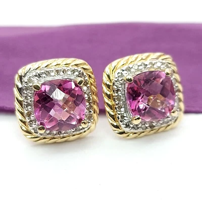 Ladies Two-Tone 14ct (585,14k) Created Pink Sapphire & Diamond Halo Square Studs - Image 1 of 4