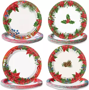 48 PCS Christmas Party Paper Plates Supplies Disposable Christmas Poinsettia Par - Picture 1 of 12