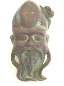 Testa bronzo antico cinese Shou Xing 寿星 dio taoista longevità salute barba lunga - Foto 1 di 3