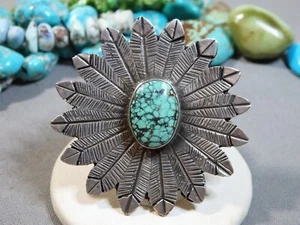 NAVAJO Curt John SKY HORSE TURQUOISE Sterling Silver EAGLE FEATHERS 2" Ring s9.5 - Picture 1 of 10
