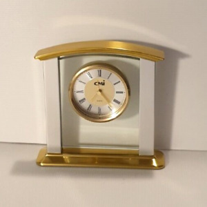 CMI Brass, White Metal & Glass Quartz Heavy Weight Table or Mantle Clock Working