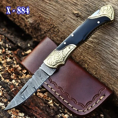 Real Damascus Folding Blade Pocket Knife Foldable Tactical Hunting Camping - Image 1 of 4
