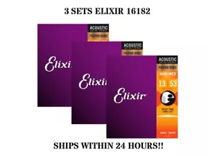 *3 SETS ELIXIR 16182 NANOWEB ACOUSTIC GUITAR STRINGS LIGHT 13-53 PHOSPHOR BRONZE - Picture 1 of 2