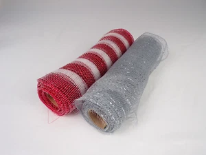 Two Christmas Mesh Ribbons 10" Rolls Red White 14 ft Silver Metallic 14 ft K23 - Picture 1 of 6