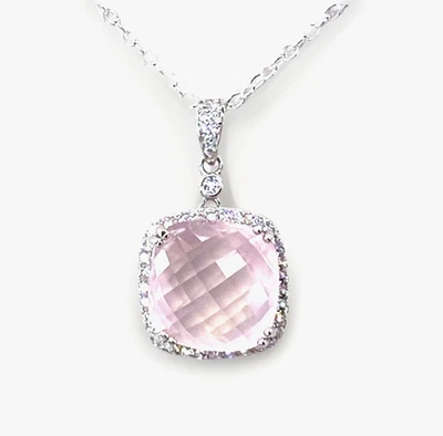 Silver Rose Quartz Pendant 925 Sterling 16" Chain -Crystal Set -2.2 x 1.4cm New - Image 1 of 4