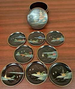 Vtg Aizu Japan Lacquer Coaster Set 8 w Box Mt Fuji Pagoda Brown Asian 3" Round - Picture 1 of 9